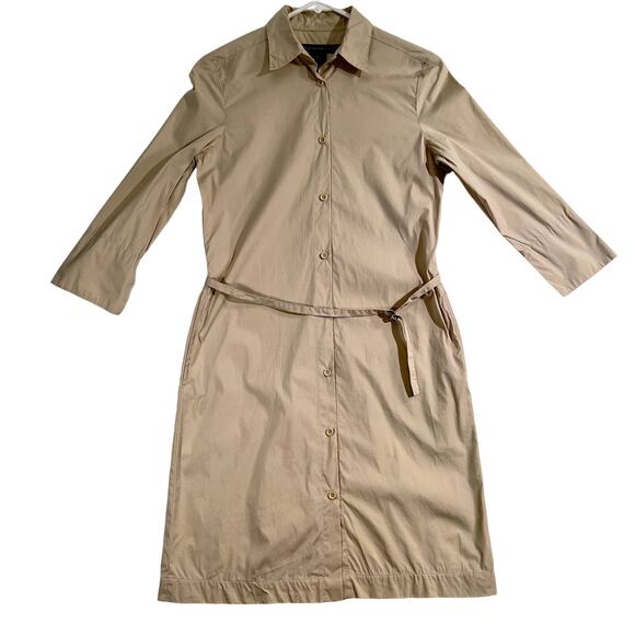 French Connection Mini Dress Woman's 2 Button Up Tan Collar Waist Tie Adjustable - Picture 1 of 16